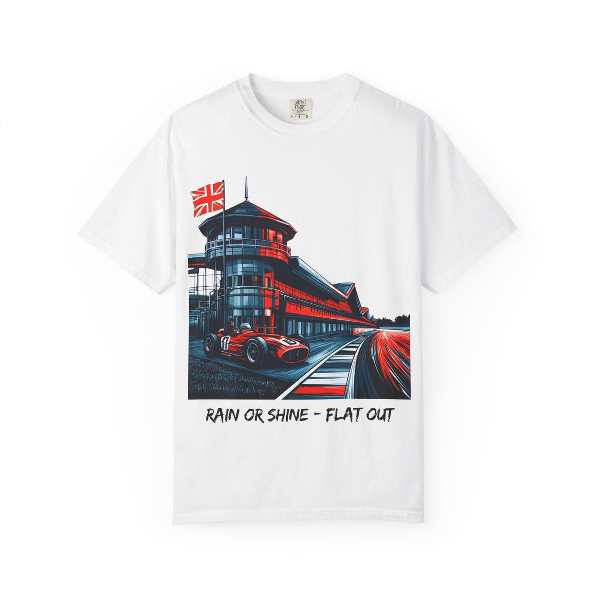 Vintage Racecar T-Shirt — "Rain or Shine — Flat Out" Racing Graphic