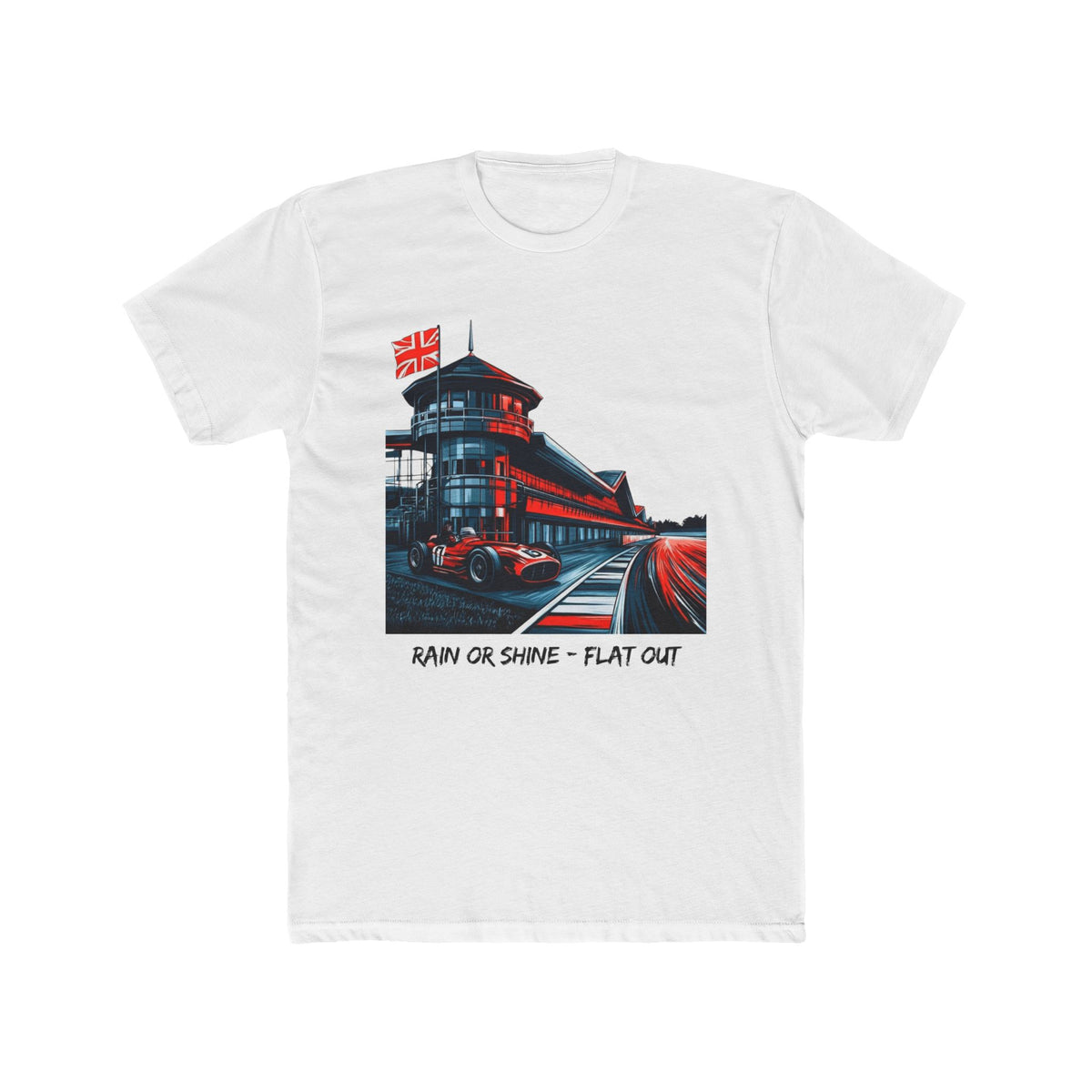 Racing Track Tee — "Rain or Shine — Flat Out" Vintage Motorsport Graphic